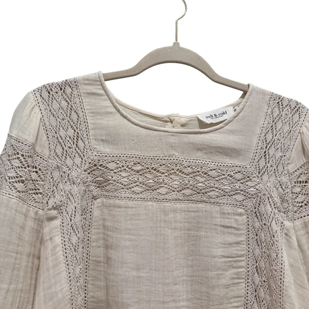 Indi & Cold Cotton Gauze Long Sleeve Top Boho Cottage Prairie Peasant Cream XL